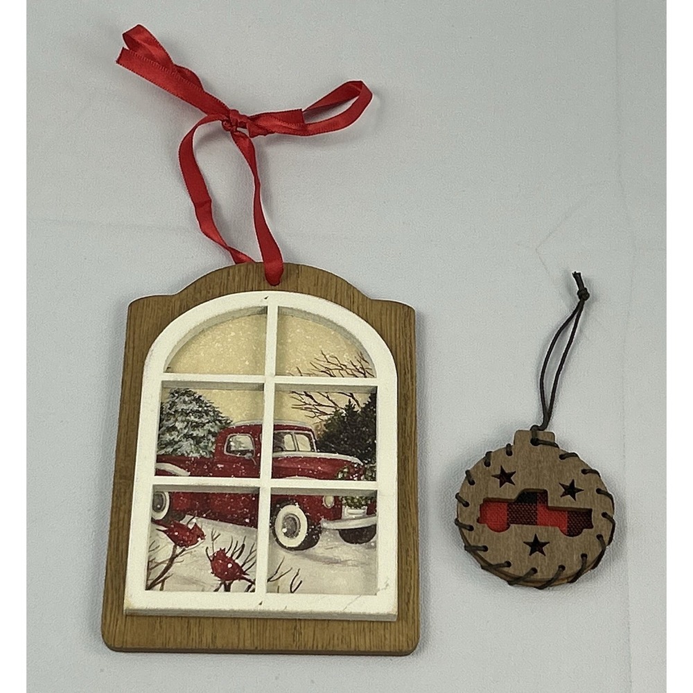 Rustic Christmas Truck Ornament Set Wood Window Cardinal Farmhouse Decor